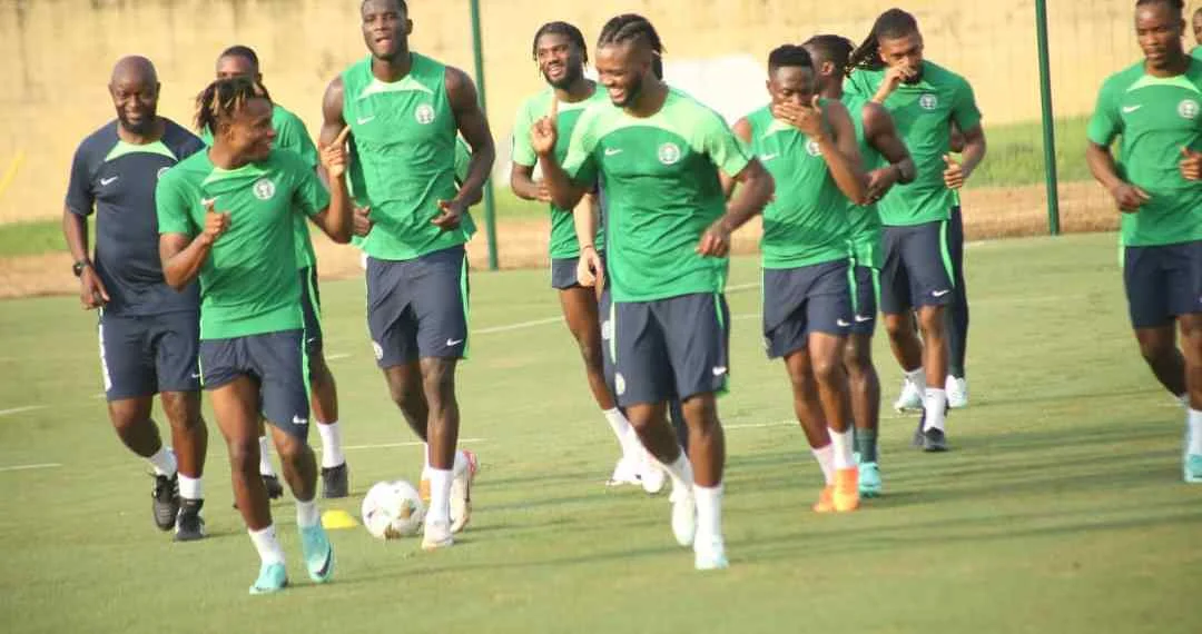 Super Eagles coach, Finidi George and players during a training session