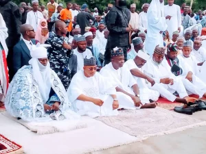 L-R: The Ohinoyi of Ebiraland, Dr Ahmed Tijani Anaje; Gov. Ahmed Ododo of Kogi State; Chief of Staff to the Gov., Ali Bello; Kogi APC Chairman, Abdullahi Bello; and Commissioner for Local Government and Chieftaincy Affairs, Deedat Ozigi, during the Eid-el-Fitr prayer on Sunday at Okene Eid Praying ground.