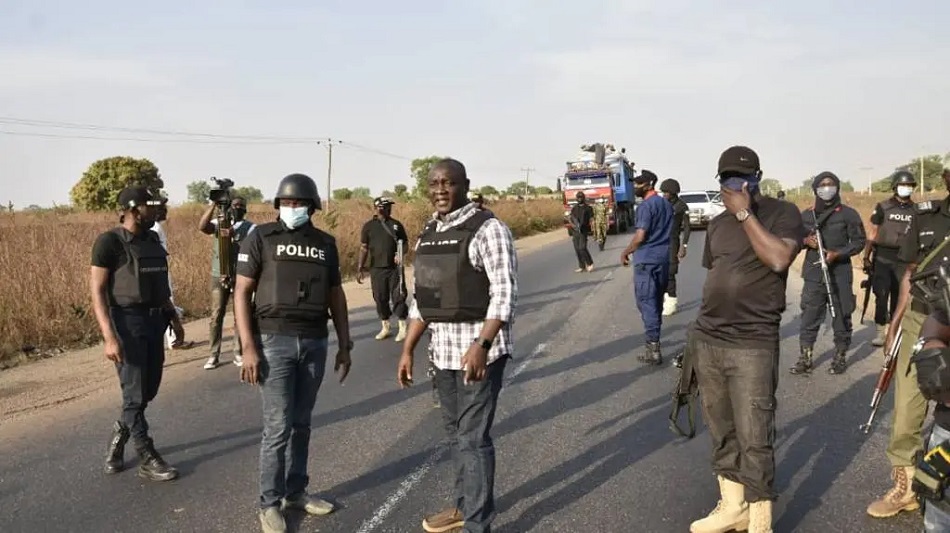 Security operatives patrolling on Kaduna-Abuja road
