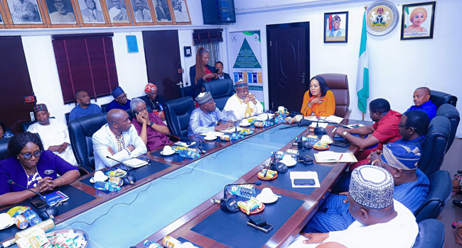 The Minister of State for Labour and Employment, Nkeiruka Onyejeocha meets with the NLC President, Joe Ajaero in Abuja on February 13, 2024. Credit: X/@nkeiruka_reps
