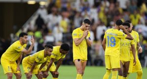 Nassr’s players react in the penalty shootout during the King’s Cup final match between Al-Nassr and Al-Hilal at the King Abdullah Sport City Stadium in Jeddah on May 31, 2024. (Photo by AFP)