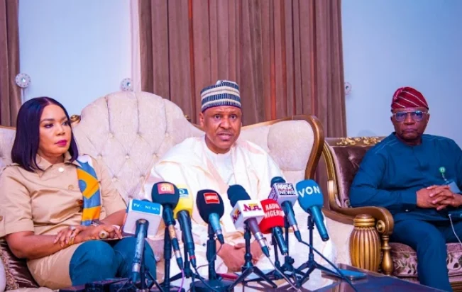 Minister of Information and National Orientation, Alhaji Mohammed Idris, (2nd Left) Minister of State for Labour, Mrs Nkiruka Onyejiocha (1st Left) and the Special Assistant to President Bola Tinubu on Information and Strategy, Mr Bayo Onanuga (3rd Left) during the news conference on Monday in Abuja.