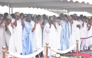 President Bola Tinubu, Dr Obafemi Hamzat, the Deputy Governor of Lagos State, Chief of Staff, Femi Gbajabiamila, Principal Private Secretary and other dignitaries, praying at the Obalende Eid ground on Sunday