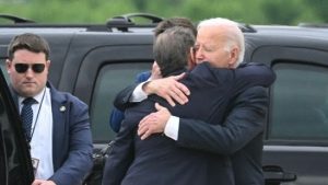 Joe Biden seen hugging Hunter in public show of support (Photo by ANDREW CABALLERO-REYNOLDS / AFP)