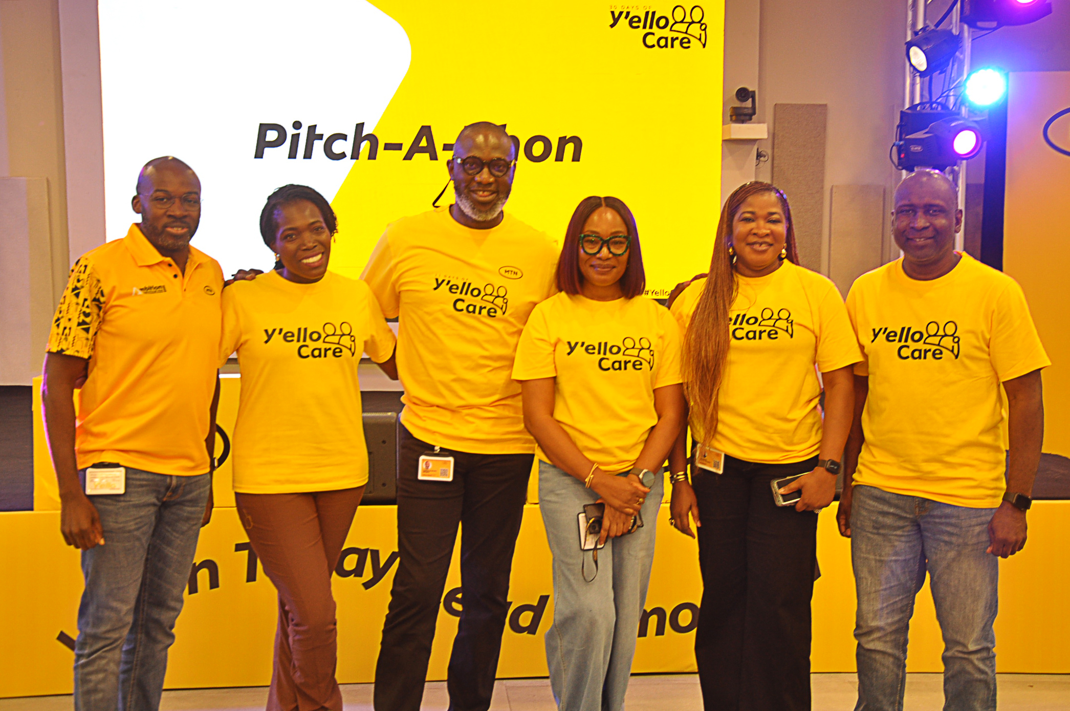 L-R Babalola Oyeleye, Chief Strategy & Innovation Officer, MTN Nigeria; Oby Ugboma, Chief Risk & Compliance Officer, MTN Nigeria; Tobe Okigbo, Chief Corporate Services & Sustainability Officer, MTN Nigeria; Ugonwa Nwoye, Chief Customer Relations Officer, MTN Nigeria; Onyinye Ikenna-Emeka, Chief Broadband Officer, MTN Nigeria and Mohammed Rufai, Chief Technical Officer, MTN Nigeria, during the ‘30 Days of Y'ello Care’ opening ceremony, held at the MTN Rooftop, Ikoyi, Lagos.