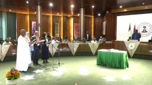 Some of the newly sworn in permanent secretaries taking the oath of office administered by President Bola Tinubu on Wednesday in Abuja
