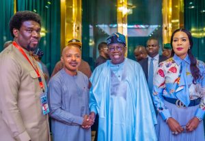 Bola Tinubu, Comrade Joe Ajaero, President of the Nigeria Labour Congress (NLC), and Comrade Festus Osifo, his Trade Union Congress (TUC) counterpart, Hon. Nkeiruka Onyejeocha, Minister of State for Labour, after the meeting at the State House on Thursday.
