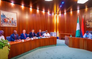 President Bola Tinubu and management of Aluminium Smelter Company of Nigeria (ALSCON) led by the Chairman, Mr Alexey Arnautov, at the State House on Friday.