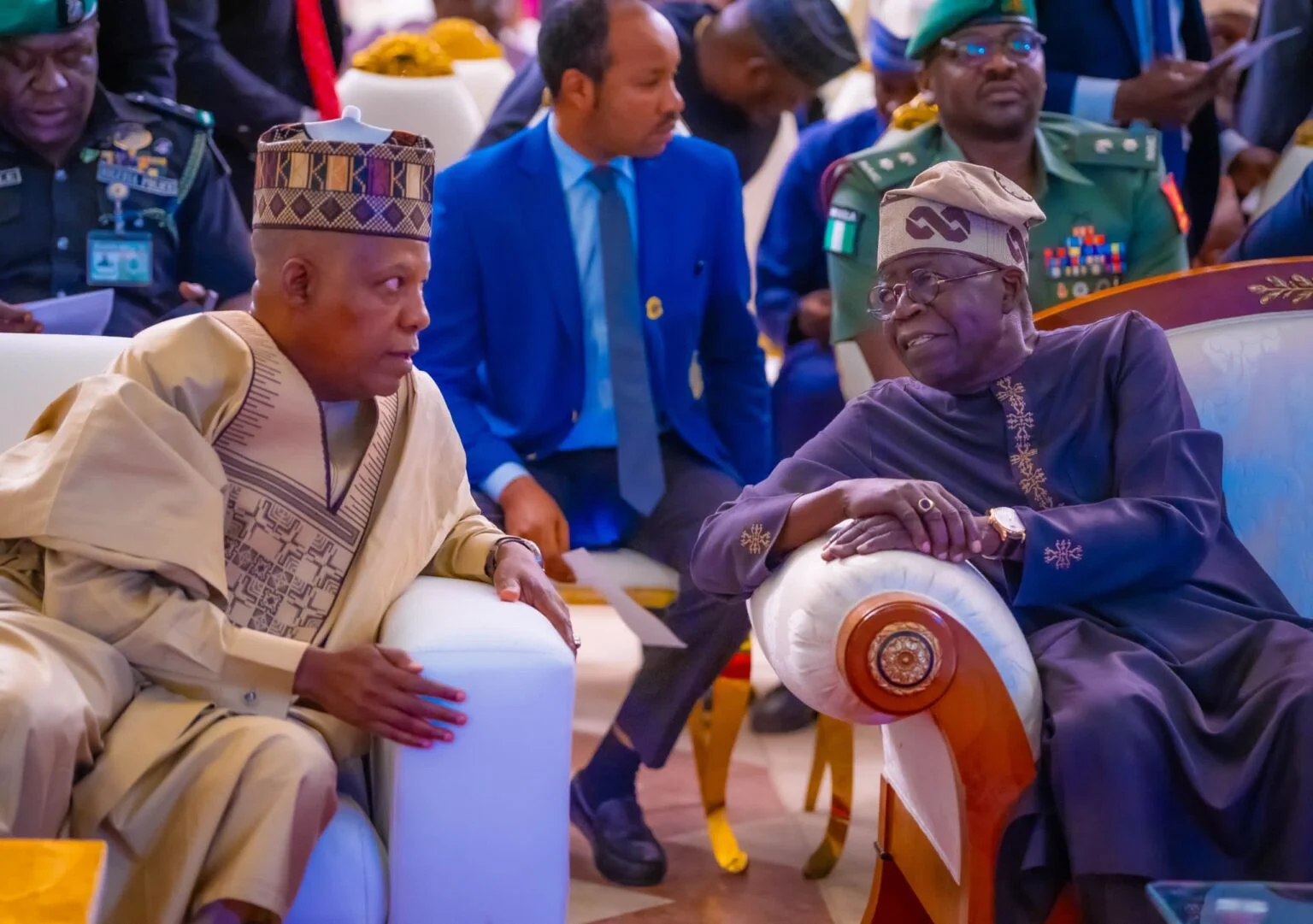 President Bola Tinubu and Vice-President, Sen. Kashim Shettima at the play titled, ‘Abibatu Mogaji: An Opera,’ staged at the Conference Centre of the State House, on Tuesday