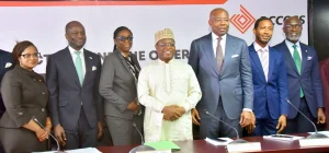 L-R: Ms Morounke Olufemi, Group Chief Financial Officer, Access Holdings Plc, Mr Temi Popoola, Group CEO, NGX Group, Ms Bolaji Agbede, Acting Group Managing Director /Chief Executive Officer, Access Holdings Plc, Alhaji Umaru Kwairanga, Group Chairman, NGX Group, Mr Aigboje Aig-Imoukhuede, Chairman, Access Holdings Plc, Mr Ahonsi Unuigbe, Chairman, NGX and Roosevelt Ogbonna, Group Managing Director/CEO, Access Bank Plc, during the Facts Behind the Rights Issue Presentation by Access Holdings Plc, at the NGX on Tuesday in Lagos