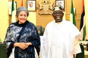 President Bola Tinubu and Ms Amina Mohammed, UN Deputy Secretary-General, at the State House on Friday