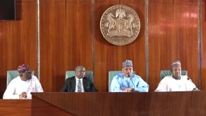 From left to right: Mr Bayo Onanuga, Special Adviser to the President, Information and Strategy, Mr Lateef Fagbemi, the Attorney General and Minister of Justice, Alhaji Mohammed Idris, Minister of Information and National Orientation and Sen. Abubakar Bagudu, Minister of Budget and Economic Planning, addressing State House correspondents after FEC meeting on Wednesday