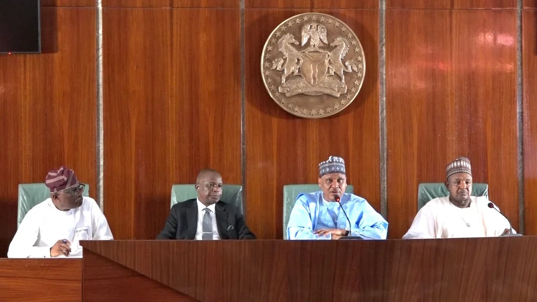 From left to right: Mr Bayo Onanuga, Special Adviser to the President, Information and Strategy, Mr Lateef Fagbemi, the Attorney General and Minister of Justice, Alhaji Mohammed Idris, Minister of Information and National Orientation and Sen. Abubakar Bagudu, Minister of Budget and Economic Planning, addressing State House correspondents after FEC meeting on Wednesday