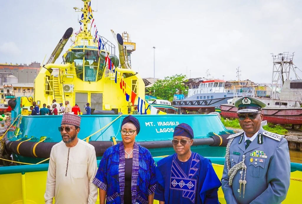 L-R: The Managing Director, Nigerian Ports Authority, Mr. Mohammed Bello-Koko; National President Customs Officers’ Wives Association, Mrs Shakirat Adeniyi; Minister of Marine and Blue Economy, Adegboyega Oyetola CON; and the Comptroller-General, Nigeria Customs Service , Bashir Adewale Adeniyi MFR; during the Ministerial Commissioning of state-of-the-art Marine Crafts by NPA in Lagos on Thursday.