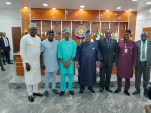 From left: Mr Teslim Igbalaye, Secretary to State Government, Wale Egbedun, Speaker of the Assembly, Mr Kola Adewusi, Deputy Governor, Gov. Ademola Adeleke and NELFUND management