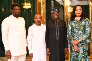 President Bola Tinubu, NLC President, Joe Ajaero, TUC President, Festus Osifo and Minister of State, Labour and Employment, Nkeiruka Onyejeocha
