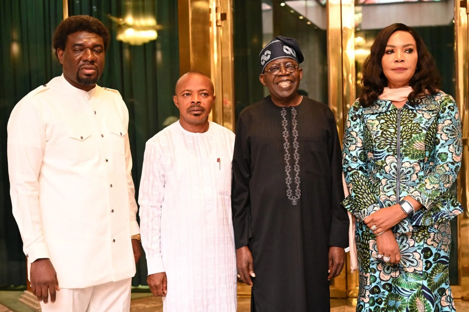 President Bola Tinubu, NLC President, Joe Ajaero, TUC President, Festus Osifo and Minister of State, Labour and Employment, Nkeiruka Onyejeocha