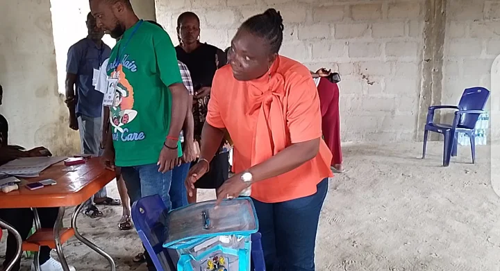 Mrs Bridget Anyafulu, (PDP-Oshimili South) cast her vote on Saturday during LG election