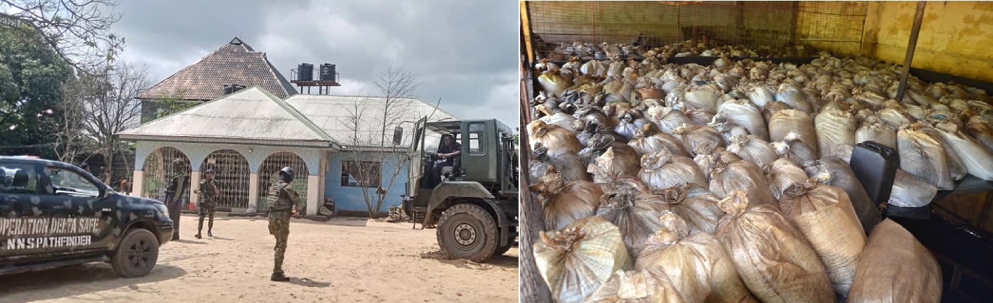 Troops of Ngerian Navy Ship Pathfinder conduct a raid on an illegal bunkering site at Okwuzi community of Ogba Egbema Ndoni Local Government Area in Rivers on Wednesday