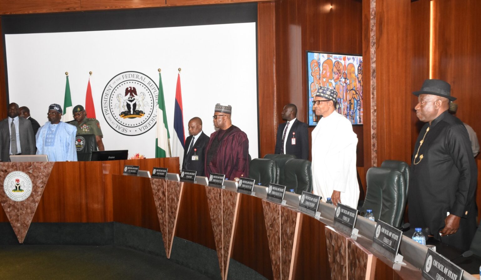President Bola Tinubu and former presidents Muhammadu Buhari, Goodluck Jonathan and others at the Council of State meeting at the State House, Abuja, on Tuesday