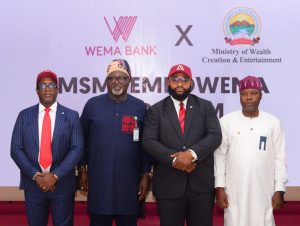 L-R: Regional Manager, Ondo/Ekiti Region, Wema Bank, Mr Niyi Owadugbe; Commissioner, Ministry of Wealth Creation and Employment, Ekiti State, Mr Kayode Fasae; Head, SME, Wema Bank, Mr Arthur Nkemeh and Commissioner for information Ekiti State, Mr Taiwo Olatunbosun at the Press Conference to launch the Ekiti-Wema MSME Empowerment Programme in Ekiti State