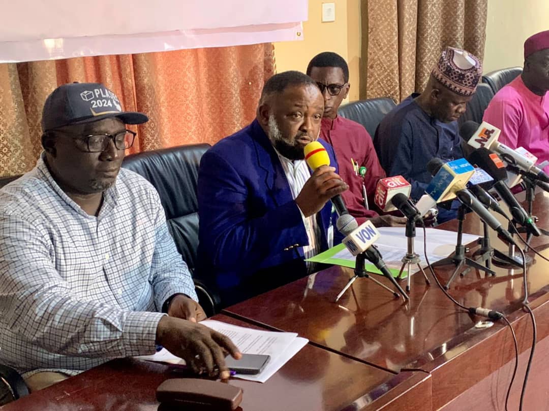 Chairman of Plateau State, the Plateau State Independent Electoral Commission (PLASIEC), Hon. Plangji Daniel Cishak addressing newsmen on Thursday in Jos.