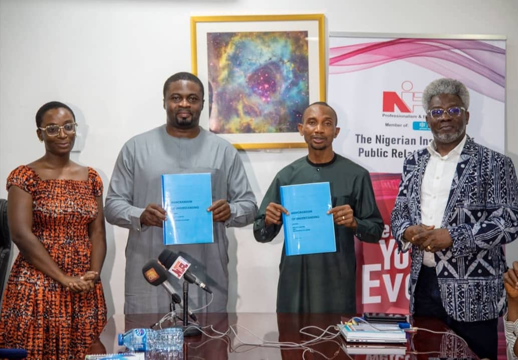 L-R: Client Service Specialist, Drawbridge Communication Management Company, Jessica Ahmodu, CEO, Drawbridge Communication, Hassan Abdul, Chairman NIPR-FCT, Stanley Ogadigo and Chairman Projects and Partnerships C'tee of NIPR-FCT, Dr. Omoniyi Ibietan at the signing ceremony in Abuja
