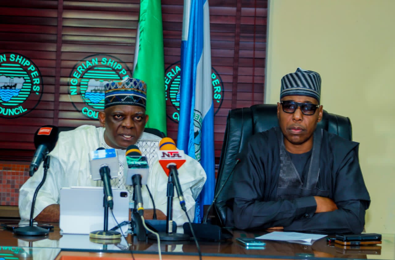 Borno State Governor, Babagana Zulum and the Executive Secretary of the Nigerian Shippers Council, Pius Akutah.