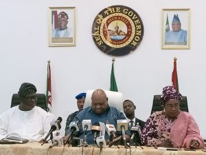 Gov. Ademola Adeleke and the NSE National President, Mrs Margret Oguntala, during the visit on Friday