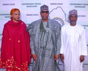 Borno State Governor, Babagana Umara Zulum (middle), President of the Nigerian Medical Association, Professor Bala Mohammed Audu(right) and the Registrar Medical and Dental Counci of Nigeria, Dr Fatima Kyari (right).