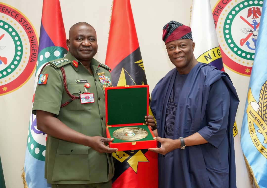 R-L: CDS Christopher Musa and the Finance and Coordinating Minister of the Economy, Mr Wale Edun, during a courtesy visit to the Defence Headquarters in Abuja.