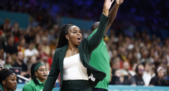 Nigeria’s US coach Rena Wakama reacts in the women’s preliminary round group B basketball match between Canada and Nigeria during the Paris 2024 Olympic Games at the Pierre-Mauroy stadium in Villeneuve-d’Ascq, northern France, on August 4, 2024. (Photo by Sameer Al-Doumy / AFP)