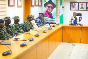 FCT Minister, Nyesom Wike, briefing newsmen after a security meeting in Abuja
