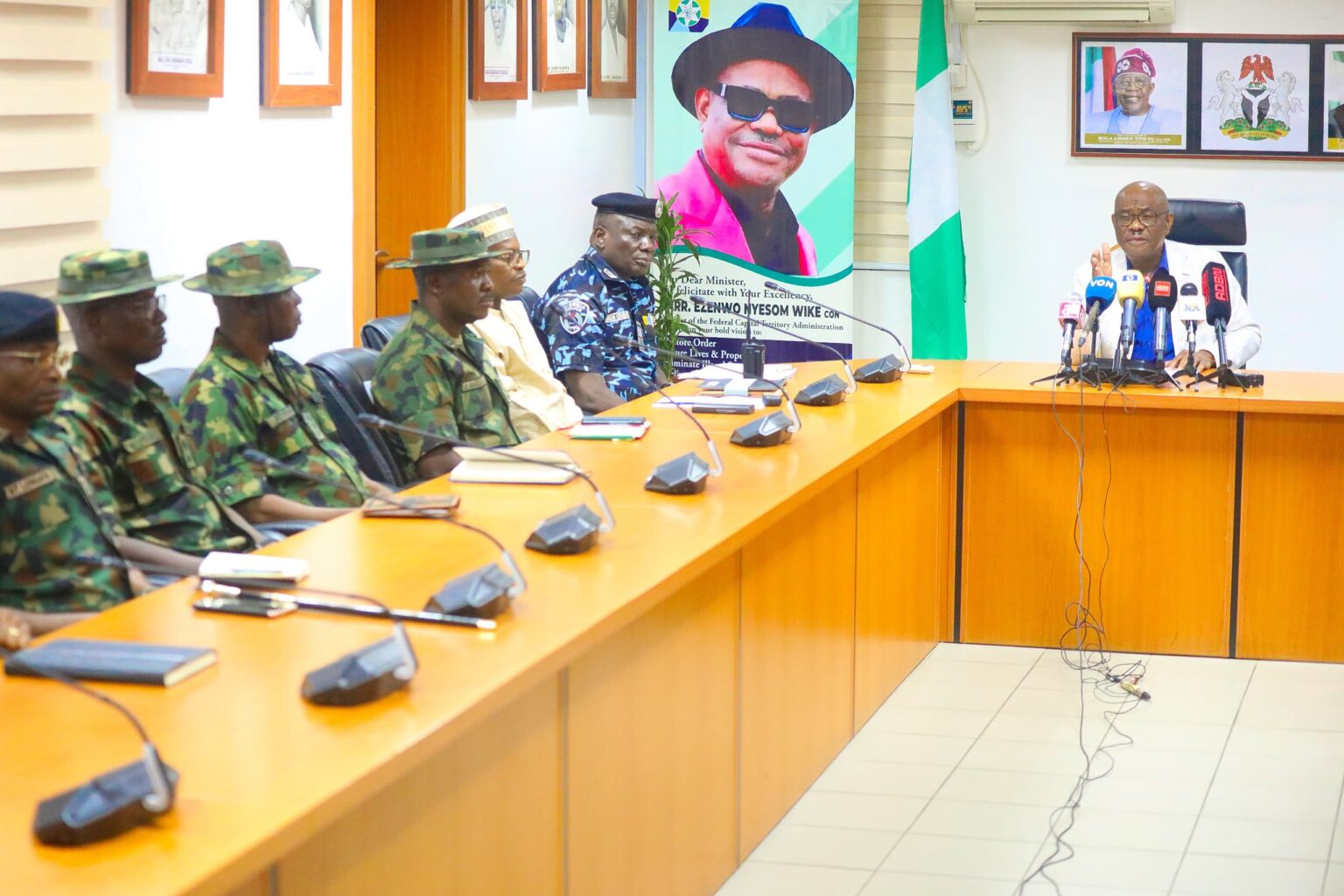 FCT Minister, Nyesom Wike, briefing newsmen after a security meeting in Abuja