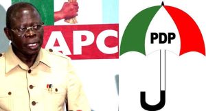 Senator Adams Oshiomole and PDP logo
