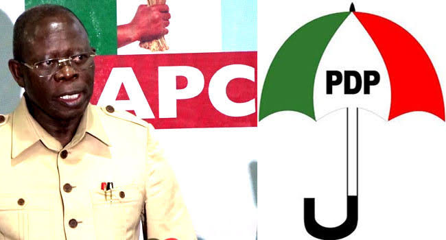 Senator Adams Oshiomole and PDP logo