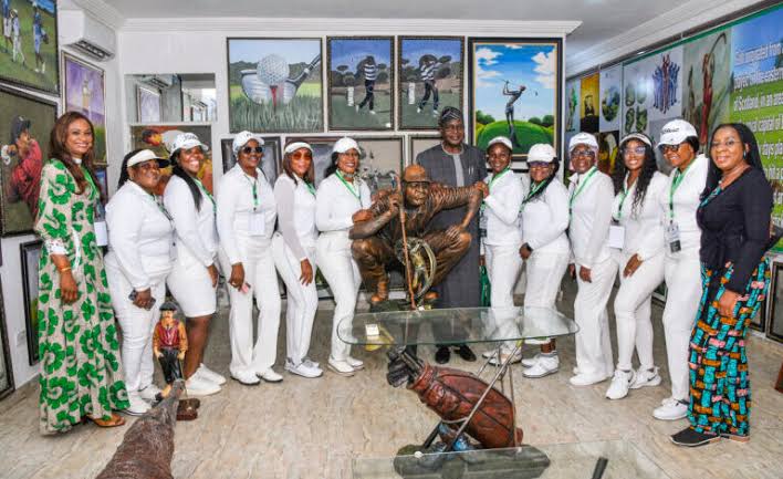 A cross section of the 2024/2025 Executive Committee members of IBB Ladies Golf Section, alongside the Lady Captain, Dame Julie Donli and the NGF President, Otunba Olusegun Runsewe during a retreat at the Golf and Health Signature (GHS) in Abuja on Friday.(Photo Credit:NAN)