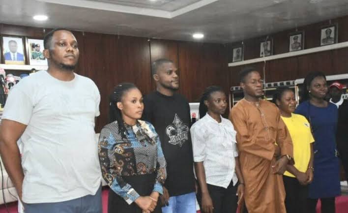 Rescued youth corps members at NYSC National Headquarters in Abuja on Friday