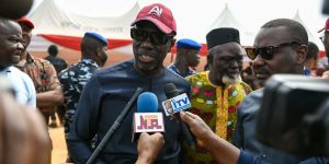 PDP candidate, Asue Ighodalo addressing newsmen shortly after casting his vote