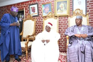 President Bola Ahmed Tinubu; Shehu of Borno, Alh Umar Garbai Ibn El-Kanemi, and Borno State Governor, Prof. Babagana Zulum, (right ) during the President’s visit to Maiduguri, Borno, on Monday