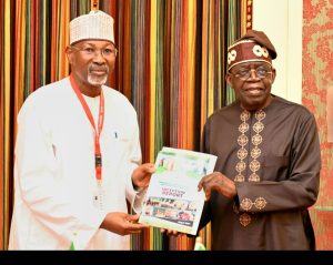 Prof. Attahiru Jega, Chairman, Presidential Committee on Implementation of Livestock Reforms, presenting the committee’s report to President Bola Tinubu at the Presidential Villa on Thursdayi