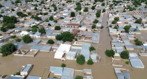This screenshot shows the aerial view of houses submerged under water in Maiduguri on September 10, 2024. Credit: Chima Onwe/UNOCHA