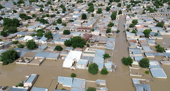 This screenshot shows the aerial view of houses submerged under water in Maiduguri on September 10, 2024. Credit: Chima Onwe/UNOCHA