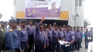 Flag Officer Commanding Eastern Naval Command Rear Adm. Saheed Akinwande flagging off Exercise Sea Guard 2024 aboard the Nigerian Navy Ship NNS Okpabana in Onne Rivers on Thursday