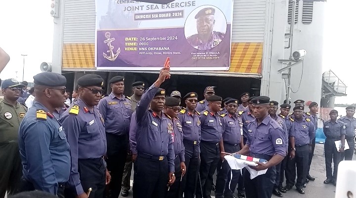 Flag Officer Commanding Eastern Naval Command Rear Adm. Saheed Akinwande flagging off Exercise Sea Guard 2024 aboard the Nigerian Navy Ship NNS Okpabana in Onne Rivers on Thursday