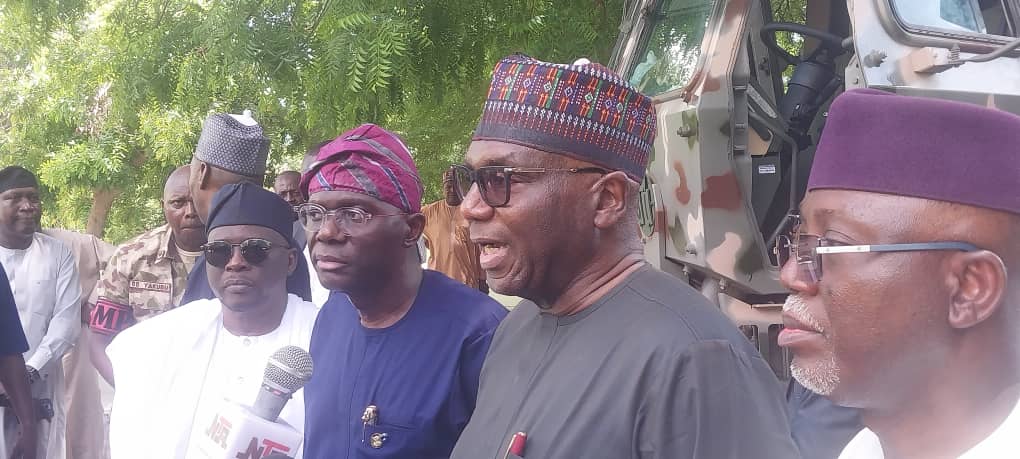 NGF Chairman and Kwara State Governor, Alhaji Abdulrahman AbdulRazak addressing newsmen in Maiduguri
