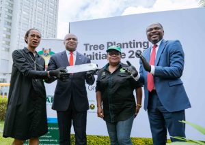 L-R: MD/CEO, UBA Foundation, Bola Atta; Group Managing Director/CEO, United Bank for Africa, Oliver Alawuba; Head, Tree Planting and Maintenance, Funto Aina and Deputy Managing Director, UBA, Muyiwa Akinyemi at the UBA Foundation’s Tree Planting Initiative, where the Bank plans to plant 2 million threes across Africa in 2024, held at the UBA Foundation Garden in Marina, Lagos on Thursday