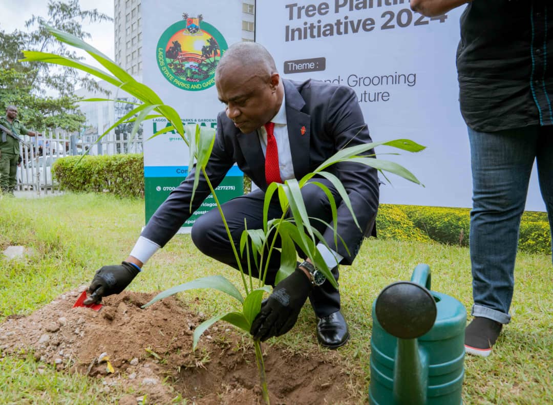Group Managing Director/CEO, United Bank for Africa, Oliver Alawuba planting a tree at the flag-off of UBA Foundation’s Tree Planting Initiative, where the Bank plans to plant 2 million threes across Africa in 2024, held at the UBA Foundation Garden in Marina, Lagos