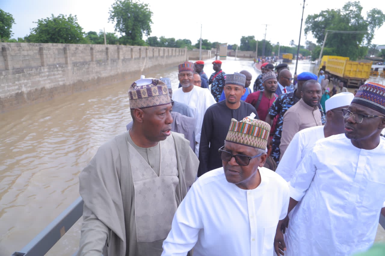 Alhaji Aliko Dangote, Nasarawa State Governor, Abdullahi Sule during a sympathy visit to Governor Banagana Umara Zulum in Maiduguri over the recent flood disaster that affected the state.