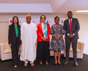 L-R: Dr Reshma Sheoraj, Vice President of Strategic Engagements, World Data Lab, Minister of Budget and Economic Planning, Sen. Abubakar Atiku Bagudu, Minister of Labour and Employment, Hon. Nkeiruka Onyejeocha, Rosy Fynn, Country Director Nigería, Mastercard Foundation, and Tim Timbiti, Lead Strategic Engagements, World Data Lab at the launching of the Africa Youth Employment Clock in Nigeria